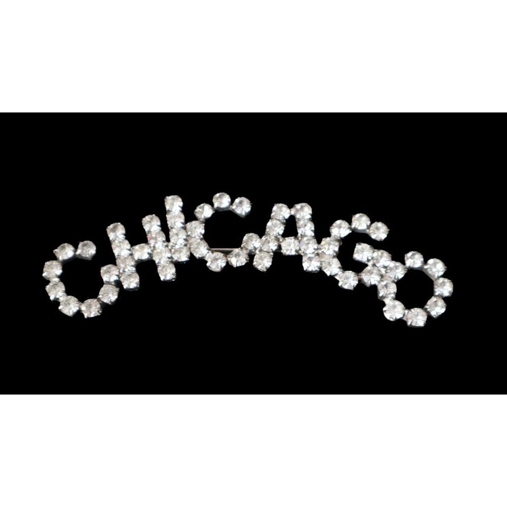 Clear Rhinestone Silver Tone CHICAGO Brooch Pin Unsigned Sparkly Vintage